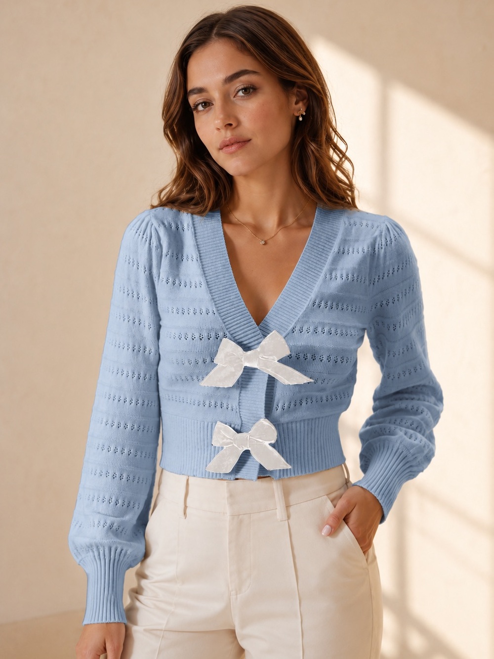 So Me Pale Blue V-Neck Cropped Bow-Applique Puff Sleeve Cardigan #B53